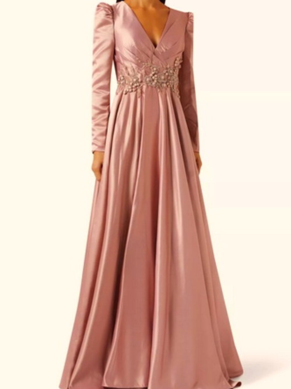 Mac Duggal Rose Pink Floral Applique Long Sleeve A Line Gown